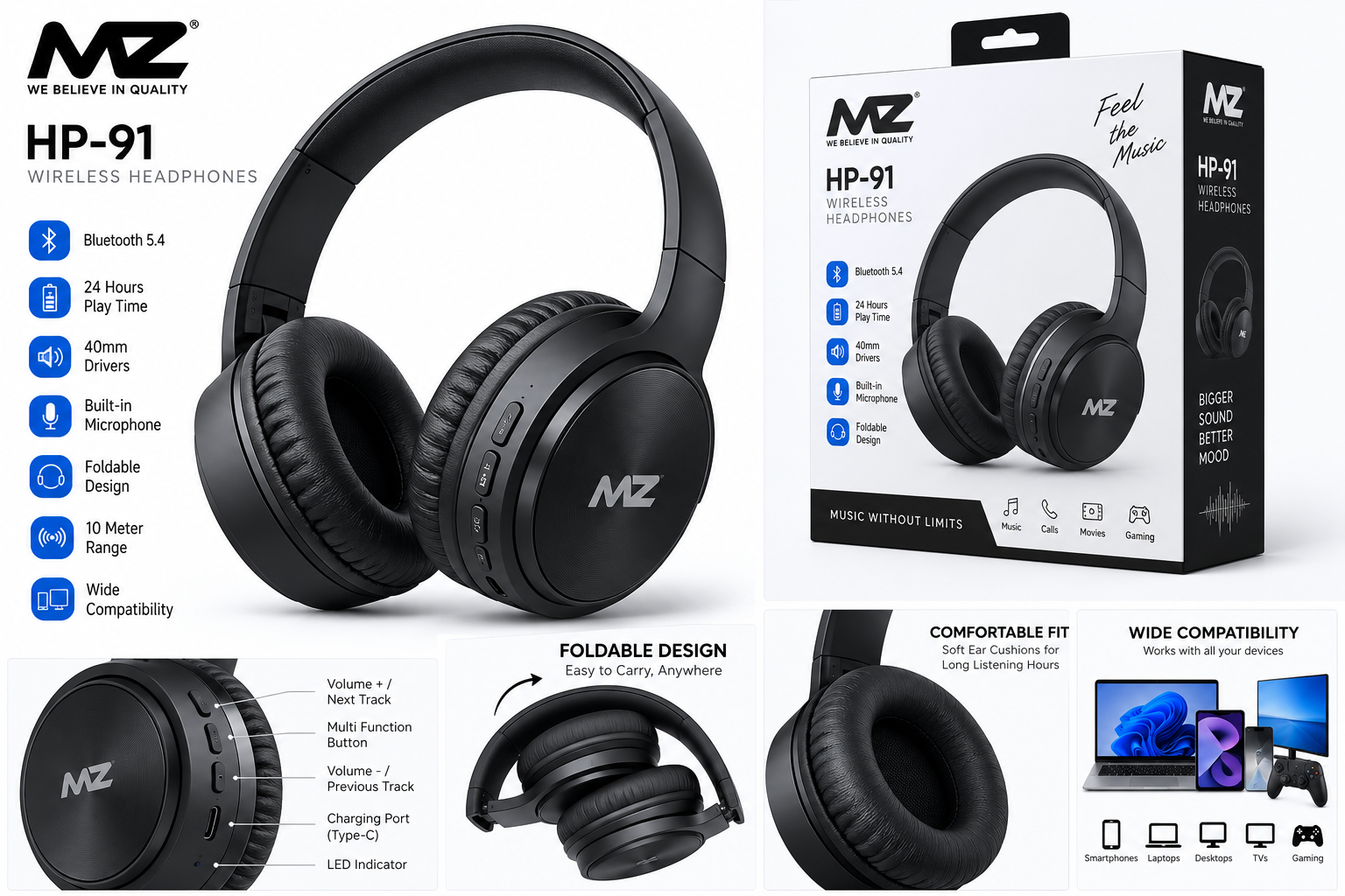 MZ HP-91 (WIRELESS HEADPHONES) 24 Hrs Play Time